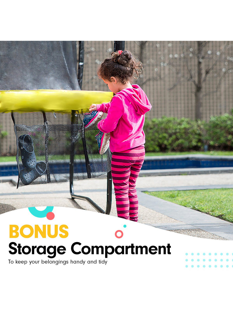Kahuna 8ft by 11ft rectangular trampoline with basketball hoop, safety net and rainbow padding - info image 7