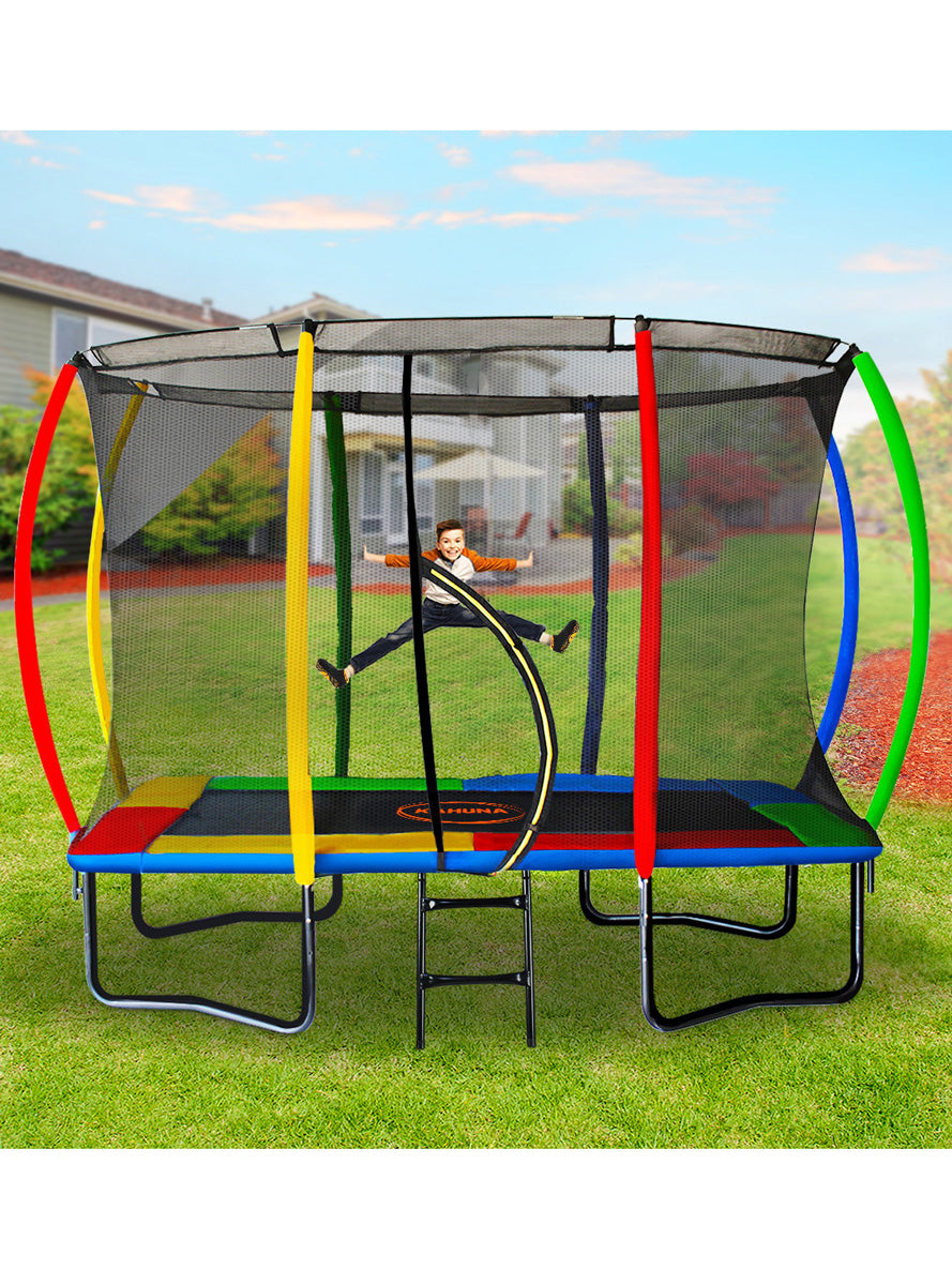 Kahuna 8ft by 11ft rectangular trampoline with basketball hoop, safety net and rainbow padding - lifestyle image