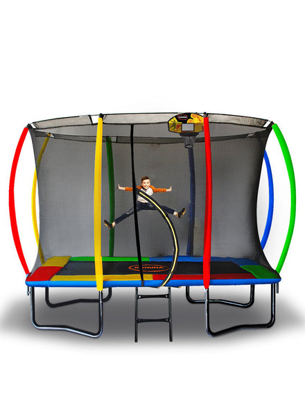 Kahuna 8ft by 11ft rectangular trampoline with basketball hoop, safety net and rainbow padding - main image