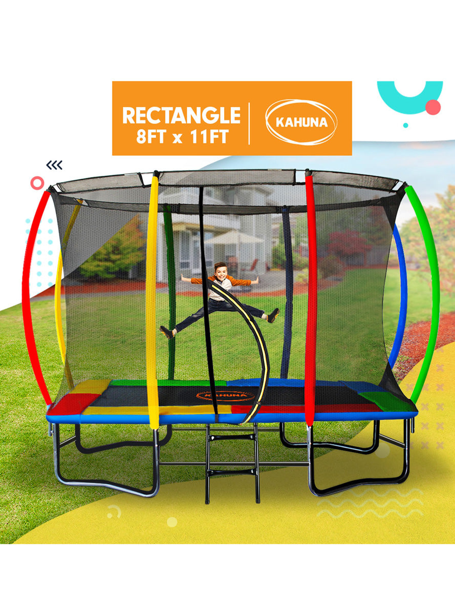 Kahuna 8ft by 11ft rectangular trampoline with net and rainbow padding - info image 1