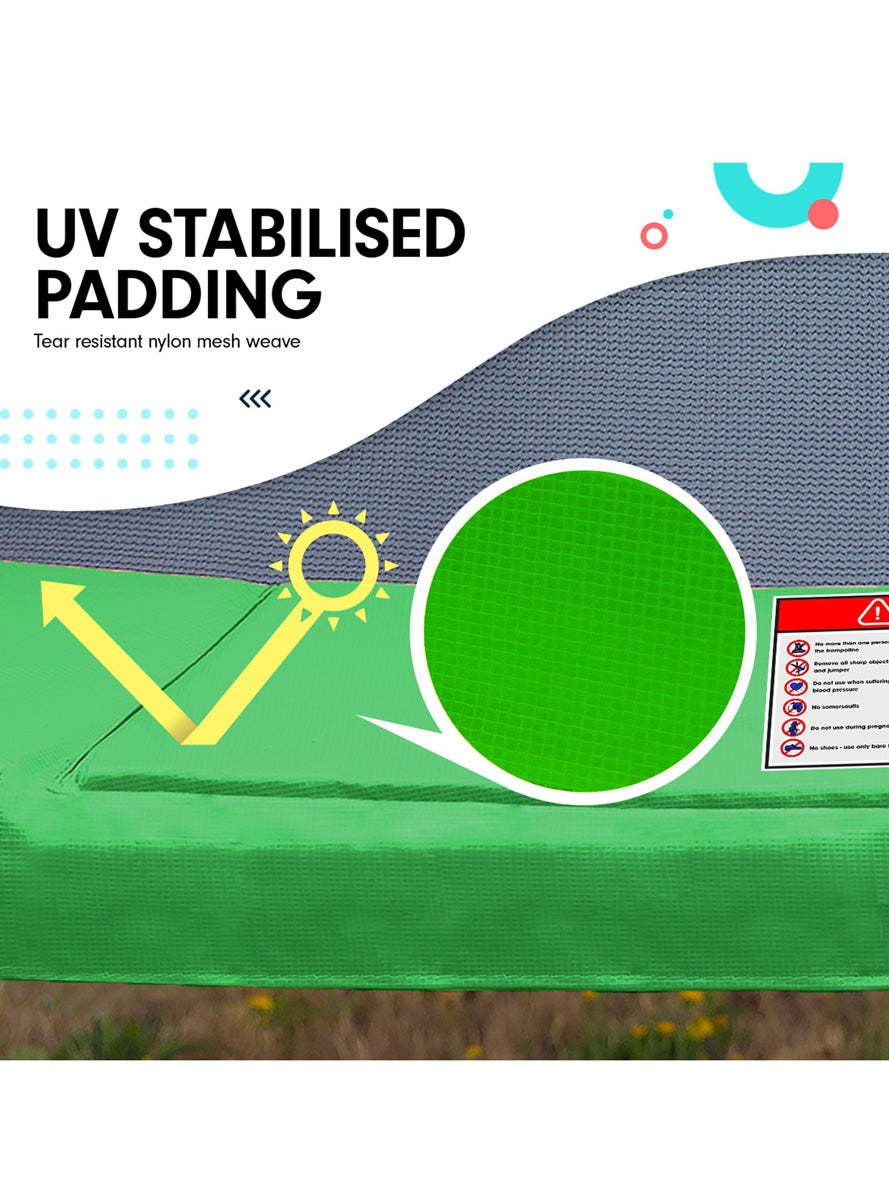 Kahuna 8ft by 11ft rectangular trampoline with net and rainbow padding - info image 2