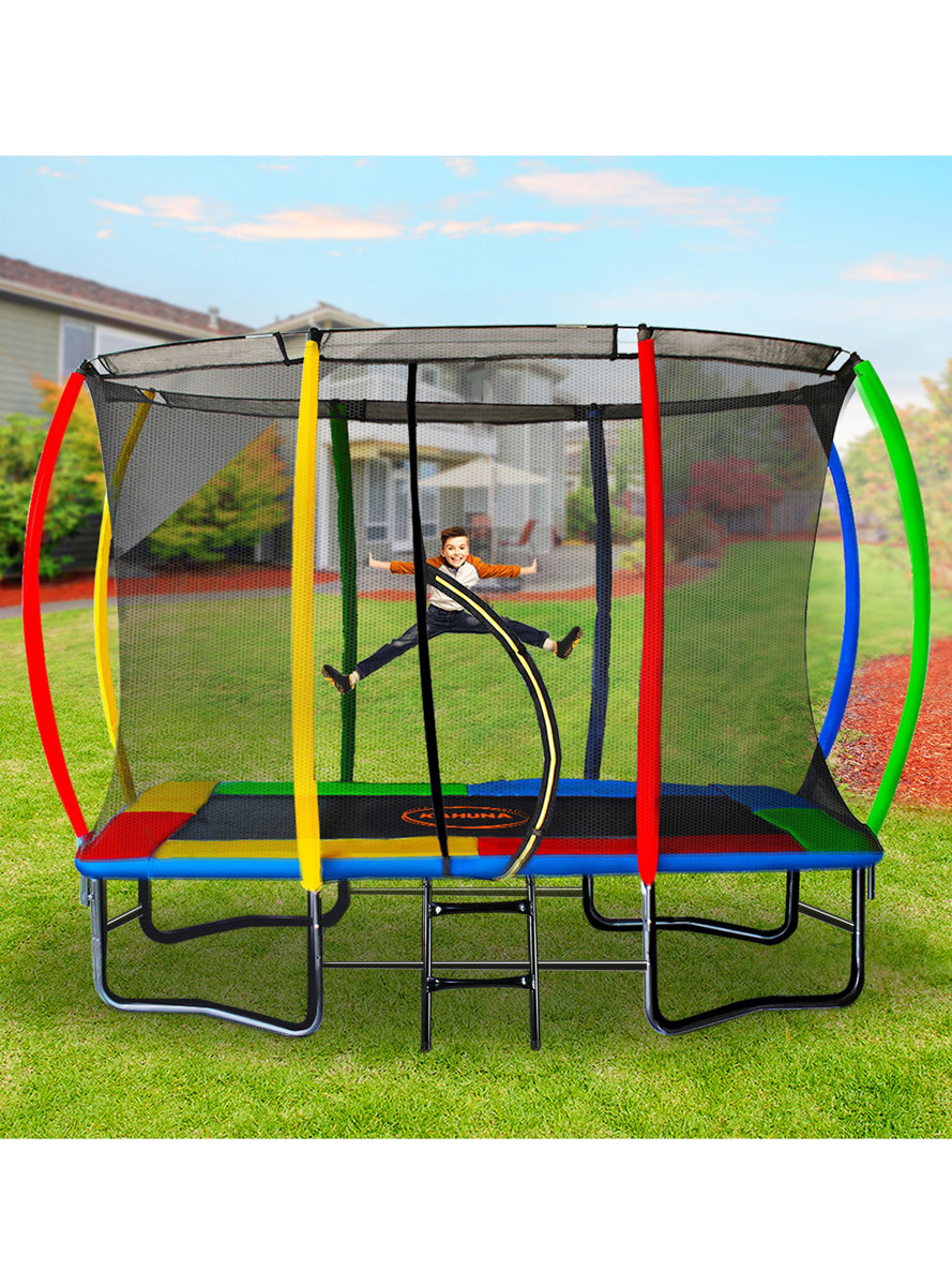 Kahuna 8ft by 11ft rectangular trampoline with net and rainbow padding - lifestyle image