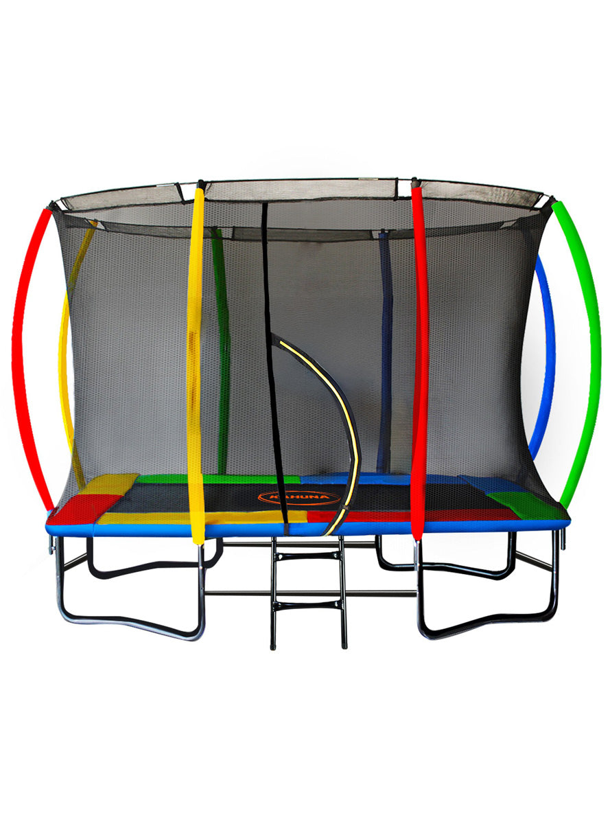 Kahuna 8ft by 11ft rectangular trampoline with net and rainbow padding - main image