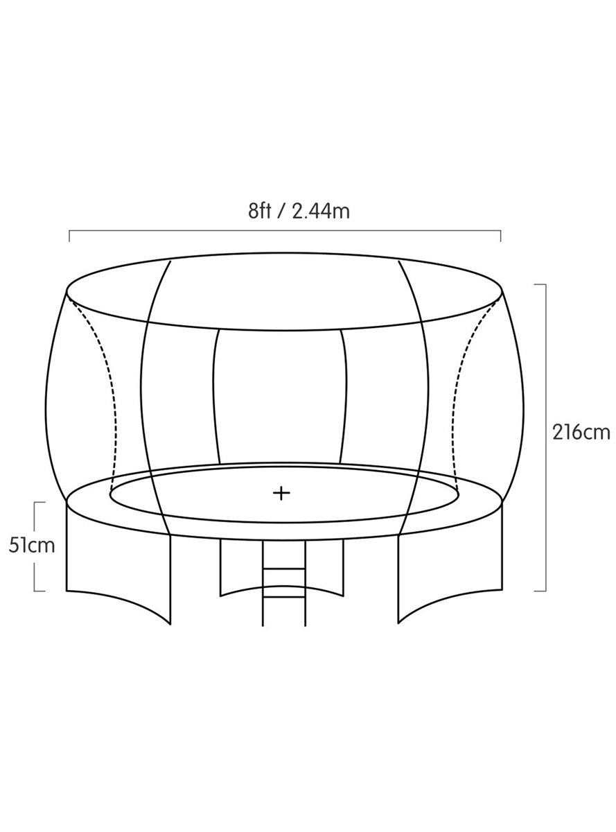 Kahuna 8ft round springless trampoline with safety net, orange padding and basketball hoop - dimensions image
