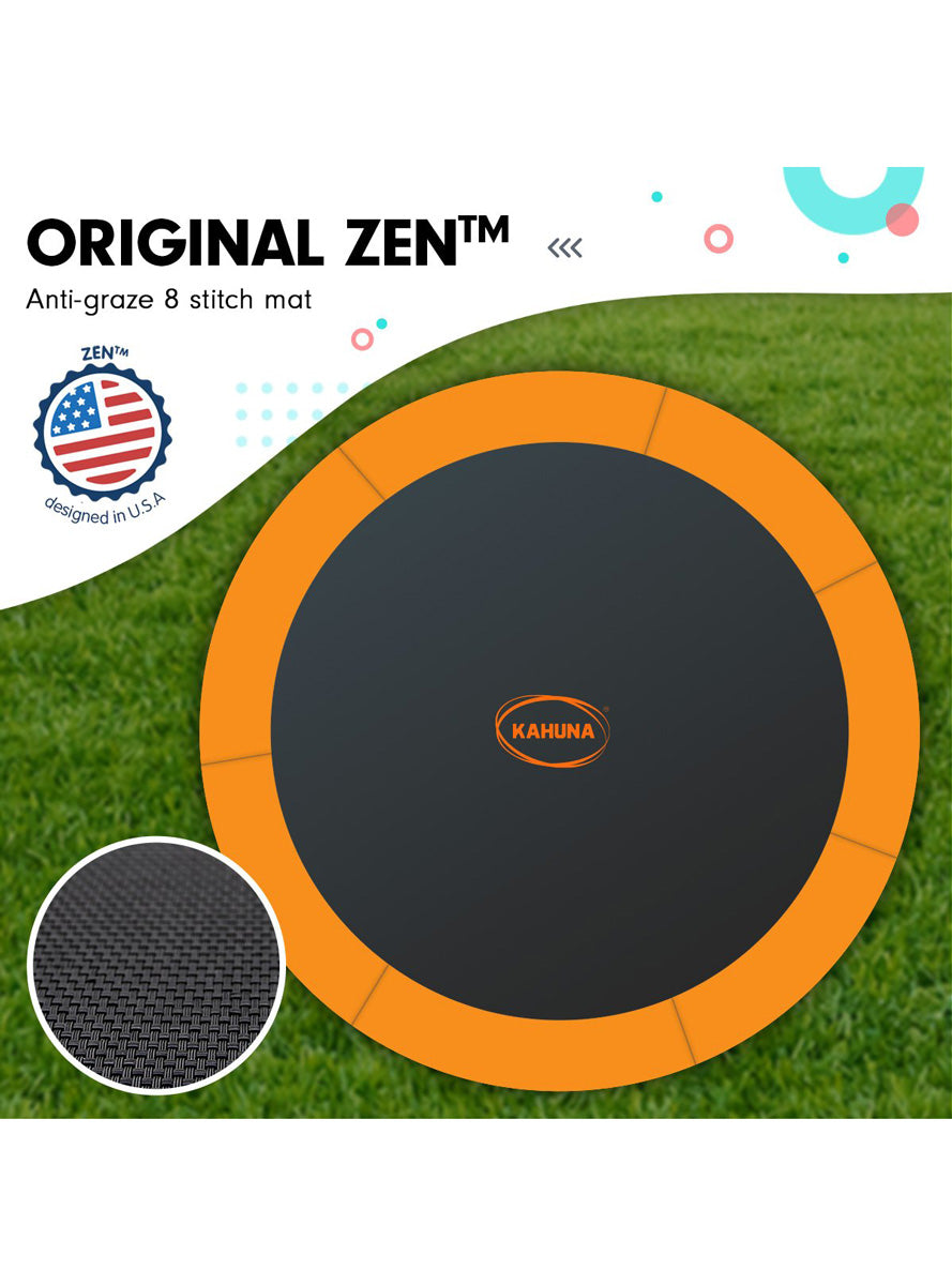 Kahuna 8ft round springless trampoline with safety net, orange padding and basketball hoop - info image 2
