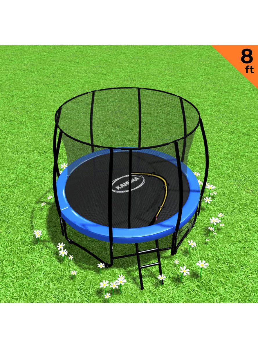 Kahuna 8ft round trampoline with blue padding and safety net - info image 1
