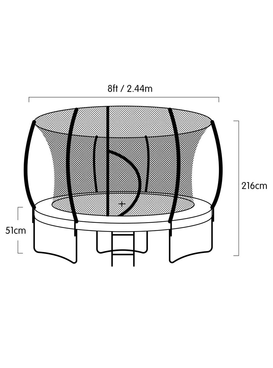 Kahuna 8ft round trampoline with green padding and safety net - dimensions image