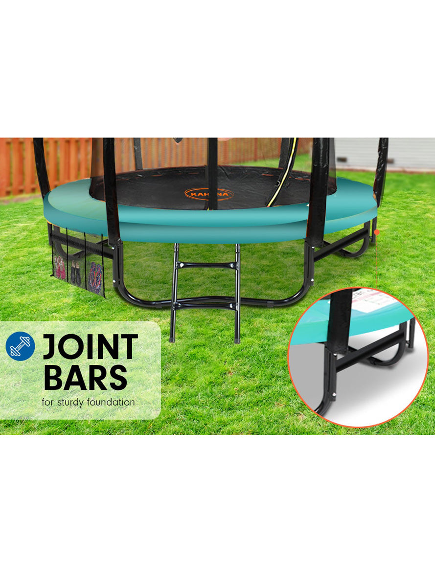 Kahuna 8ft round trampoline with green padding and safety net - info image 2