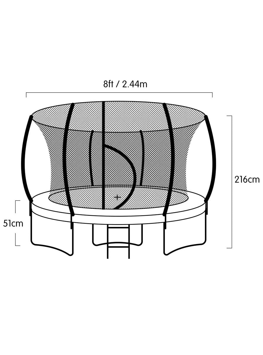 Kahuna 8ft round trampoline with green padding, safety net and basketball hoop - dimensions image