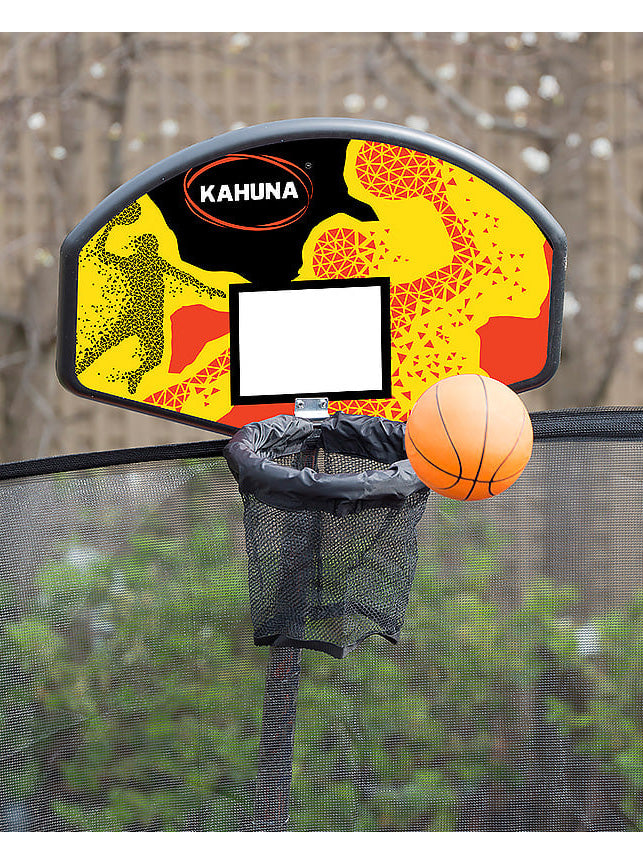 Kahuna 8ft round trampoline with green padding, safety net and basketball hoop - image
