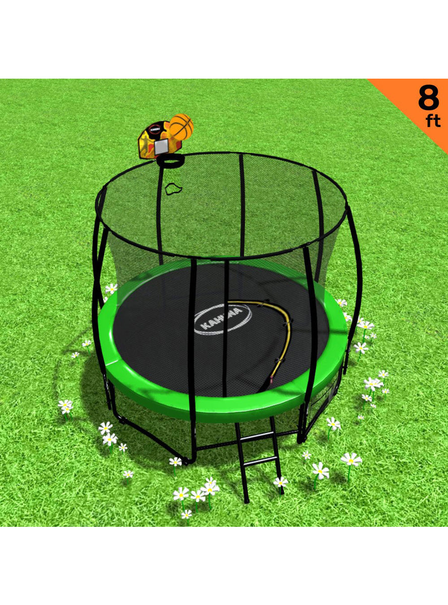Kahuna 8ft round trampoline with green padding, safety net and basketball hoop - info image 1