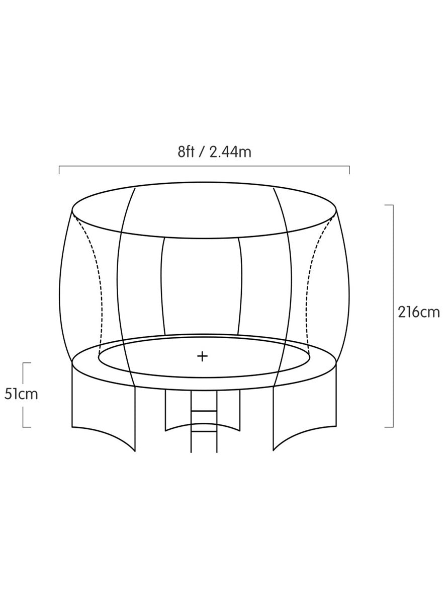 Kahuna 8ft round trampoline with orange padding and safety net - dimensions image