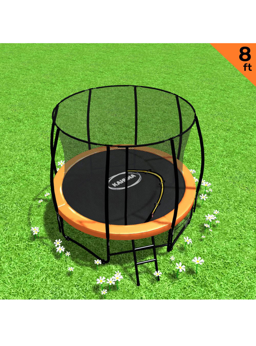 Kahuna 8ft round trampoline with orange padding and safety net - info image 1