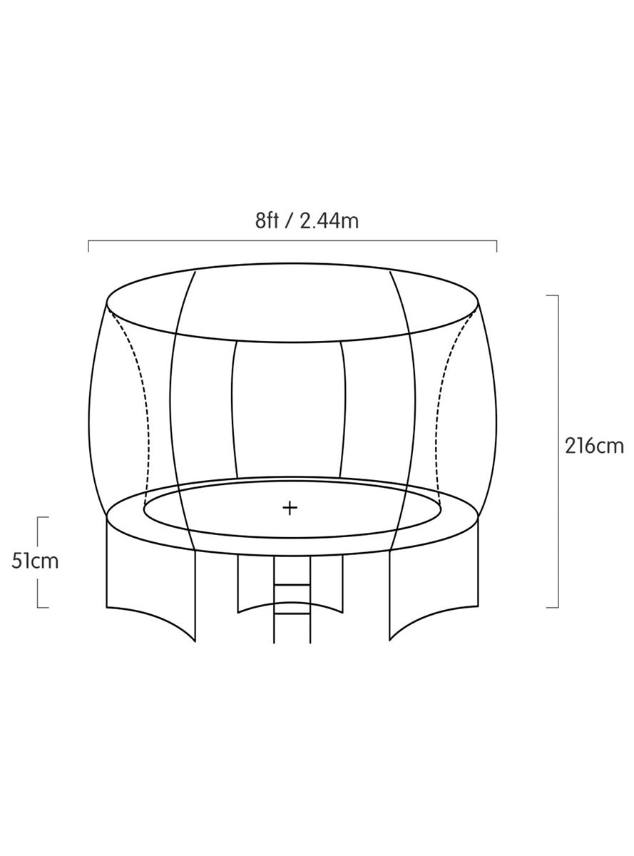 Kahuna 8ft round trampoline with orange padding, safety net and basketball hoop - dimensions image