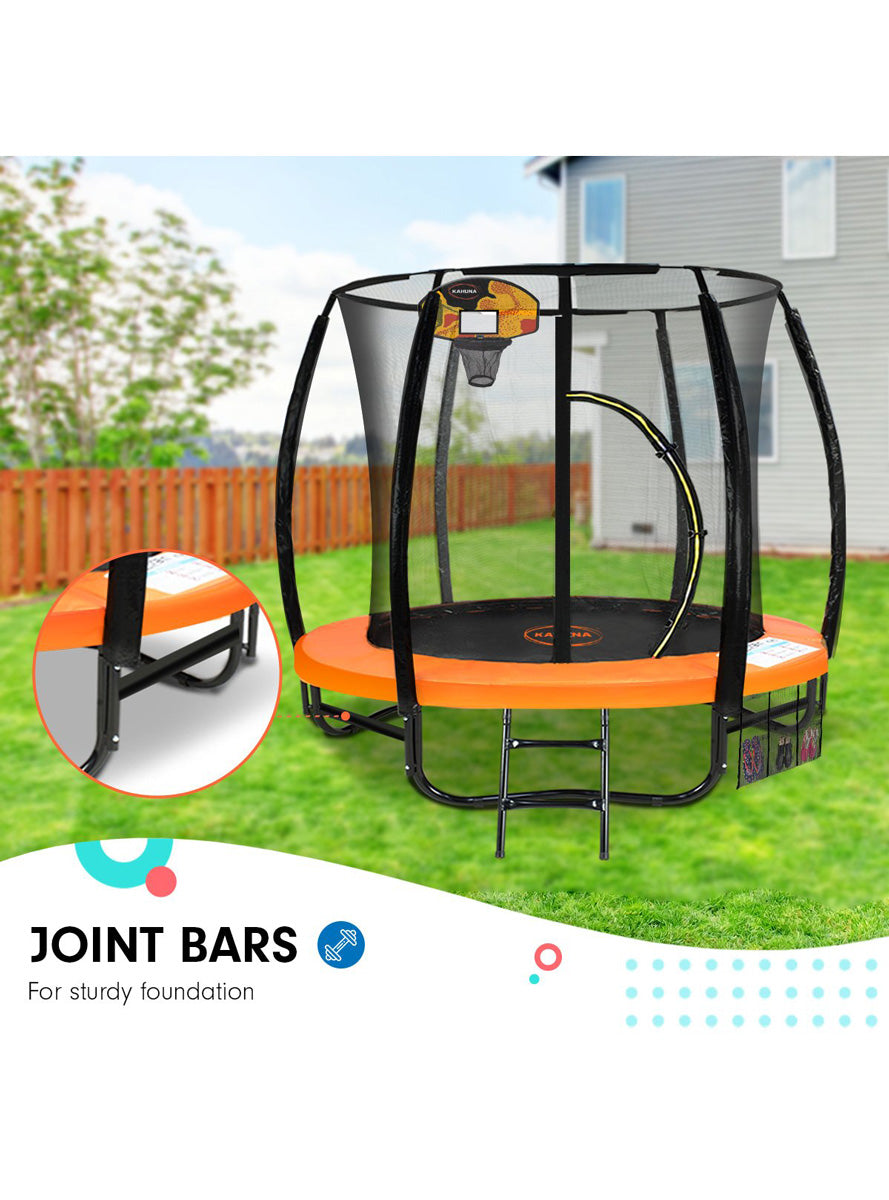 Kahuna 8ft round trampoline with orange padding, safety net and basketball hoop - info image 1