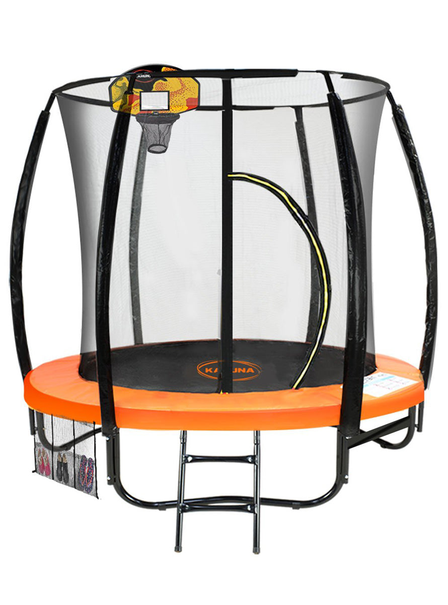 Kahuna 8ft round trampoline with orange padding, safety net and basketball hoop - main image
