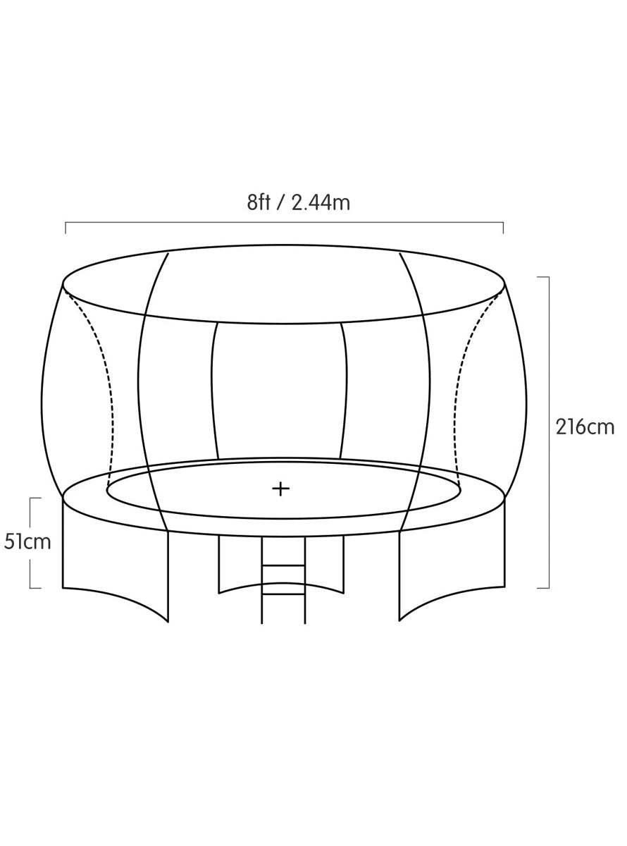 Kahuna 8ft round trampoline with pink padding, safety net and basketball hoop - dimensions image