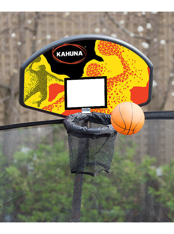 Kahuna 8ft round trampoline with pink padding, safety net and basketball hoop - image