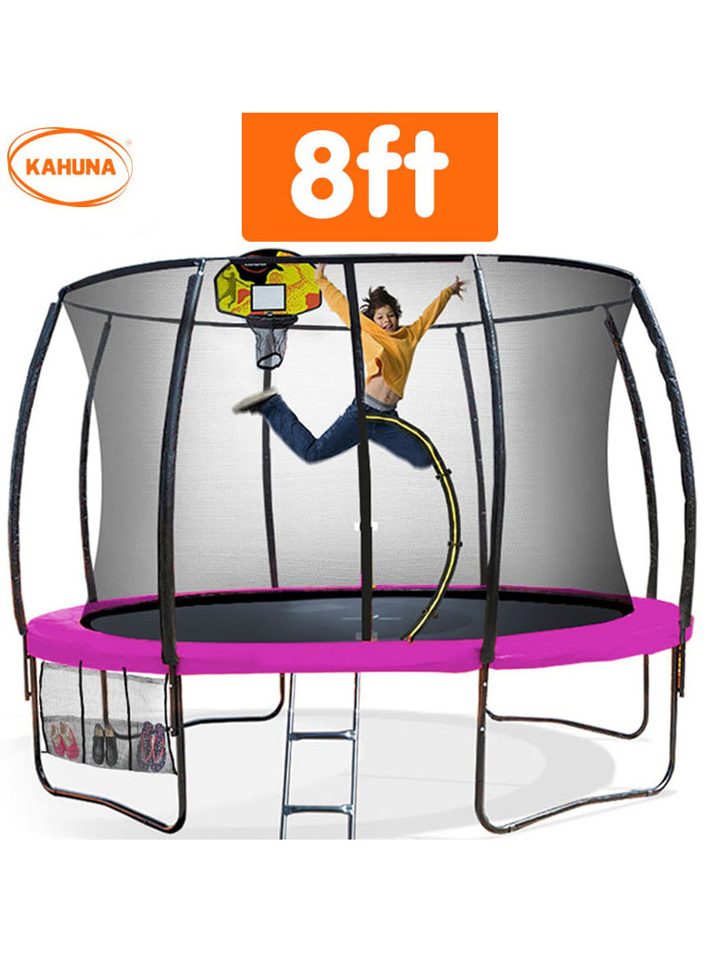 Kahuna 8ft round trampoline with pink padding, safety net and basketball hoop - info image 2
