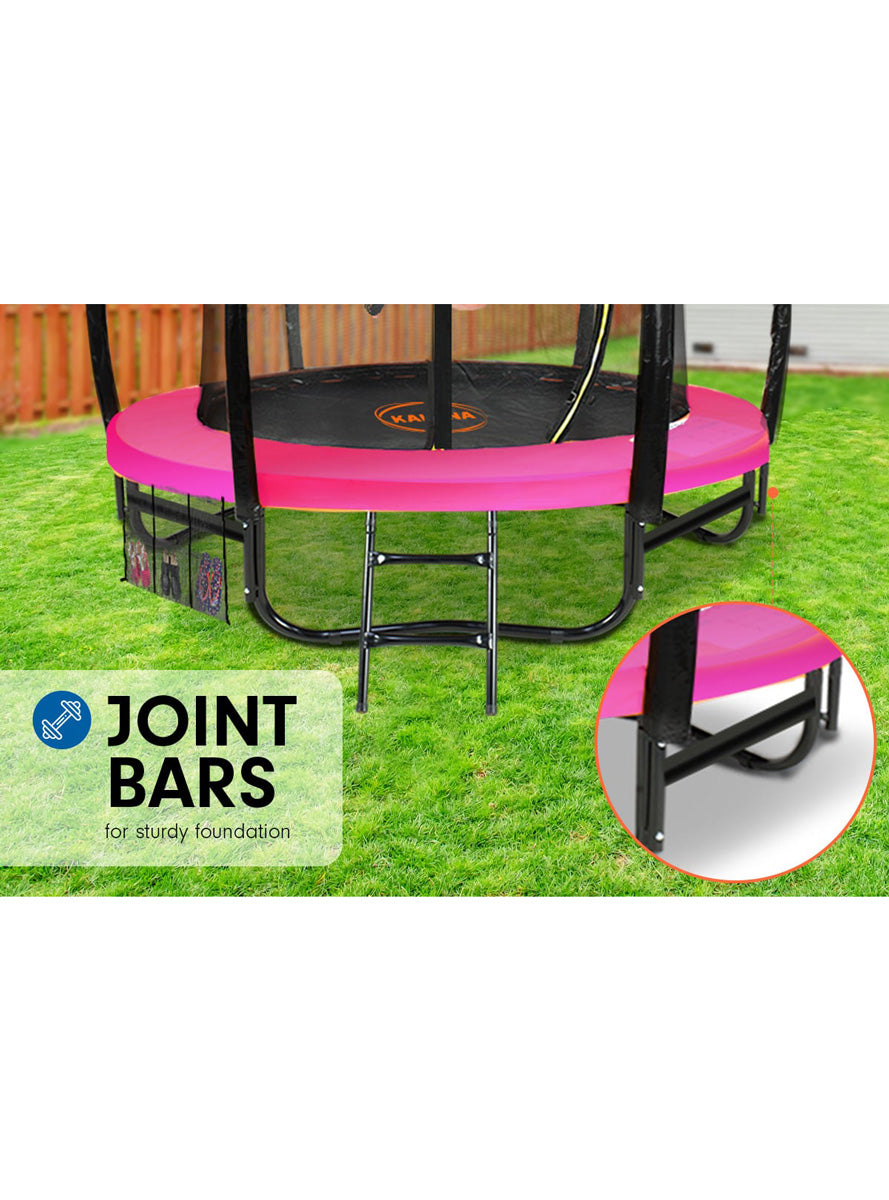 Kahuna 8ft round trampoline with pink padding, safety net and basketball hoop - info image 3