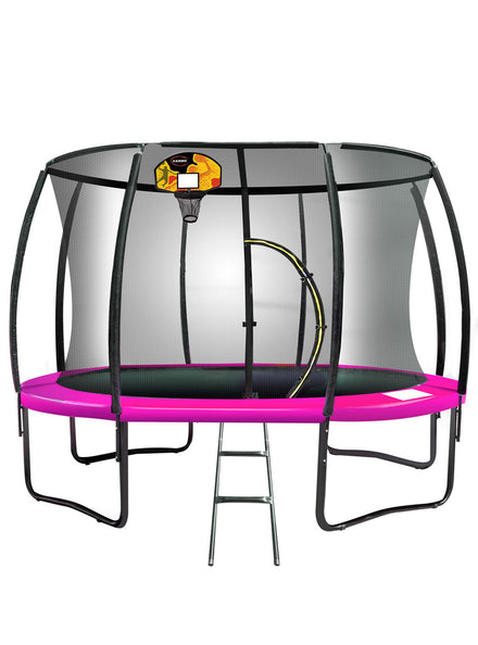 Kahuna 8ft round trampoline with pink padding, safety net and basketball hoop - main image