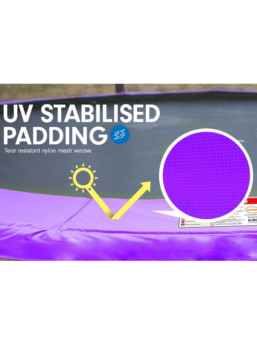Kahuna 8ft round trampoline with purple padding and safety net - info image 2