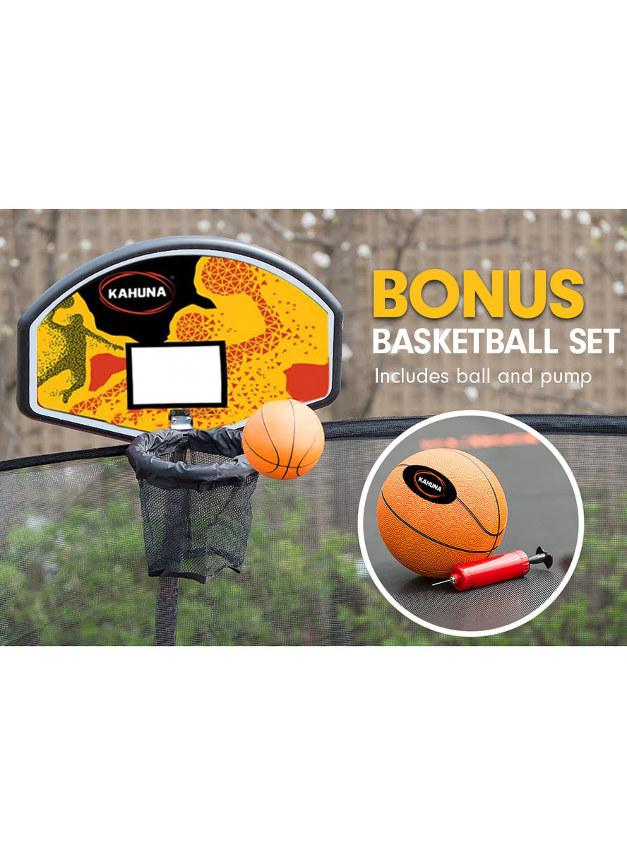 Kahuna 8ft round trampoline with purple padding, safety net and basketball hoop - info image 6