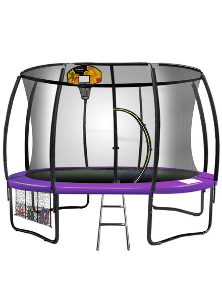 Kahuna 8ft round trampoline with purple padding, safety net and basketball hoop - main image