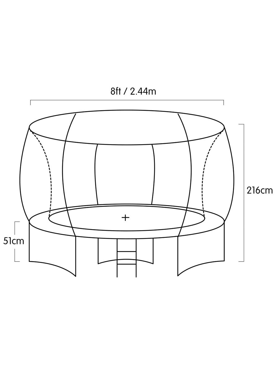 Kahuna 8ft round trampoline with rainbow padding and safety net - dimensions image