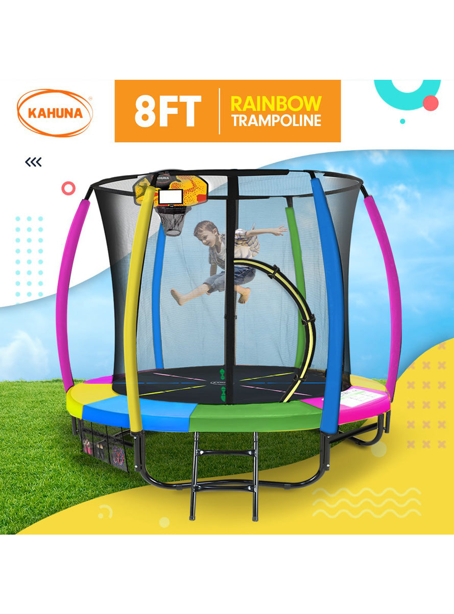 Kahuna 8ft round trampoline with rainbow padding, safety net and basketball hoop - info image 3