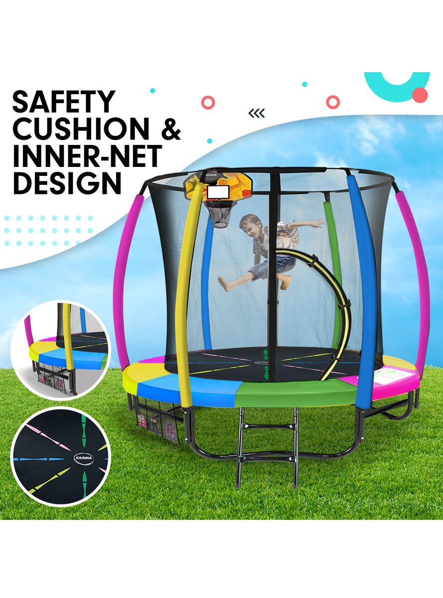 Kahuna 8ft round trampoline with rainbow padding, safety net and basketball hoop - info image 4