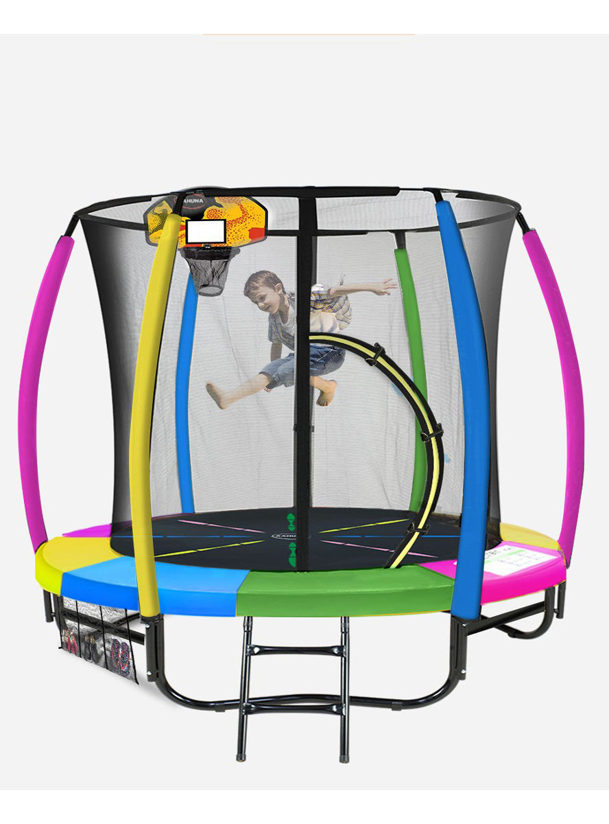 Kahuna 8ft round trampoline with rainbow padding, safety net and basketball hoop - main image