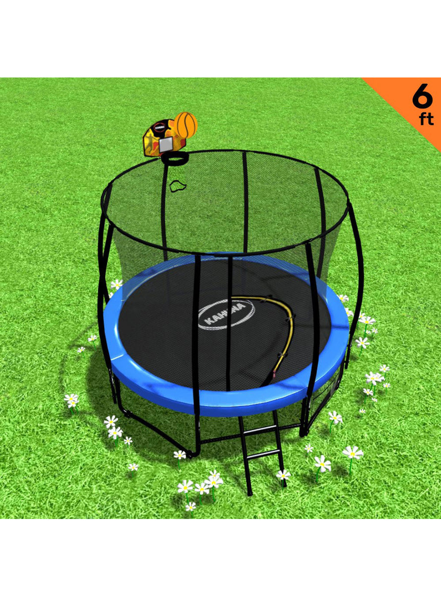 Kahuna classic 6ft round trampoline with blue padding, basketball hoop and safety net - info image 1