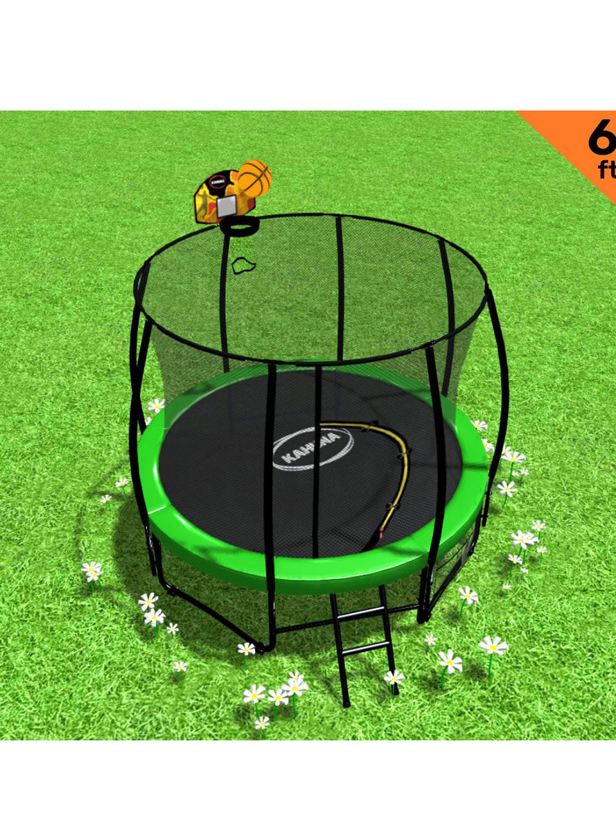 Kahuna classic 6ft round trampoline with green padding, basketball hoop and safety net - info image 1
