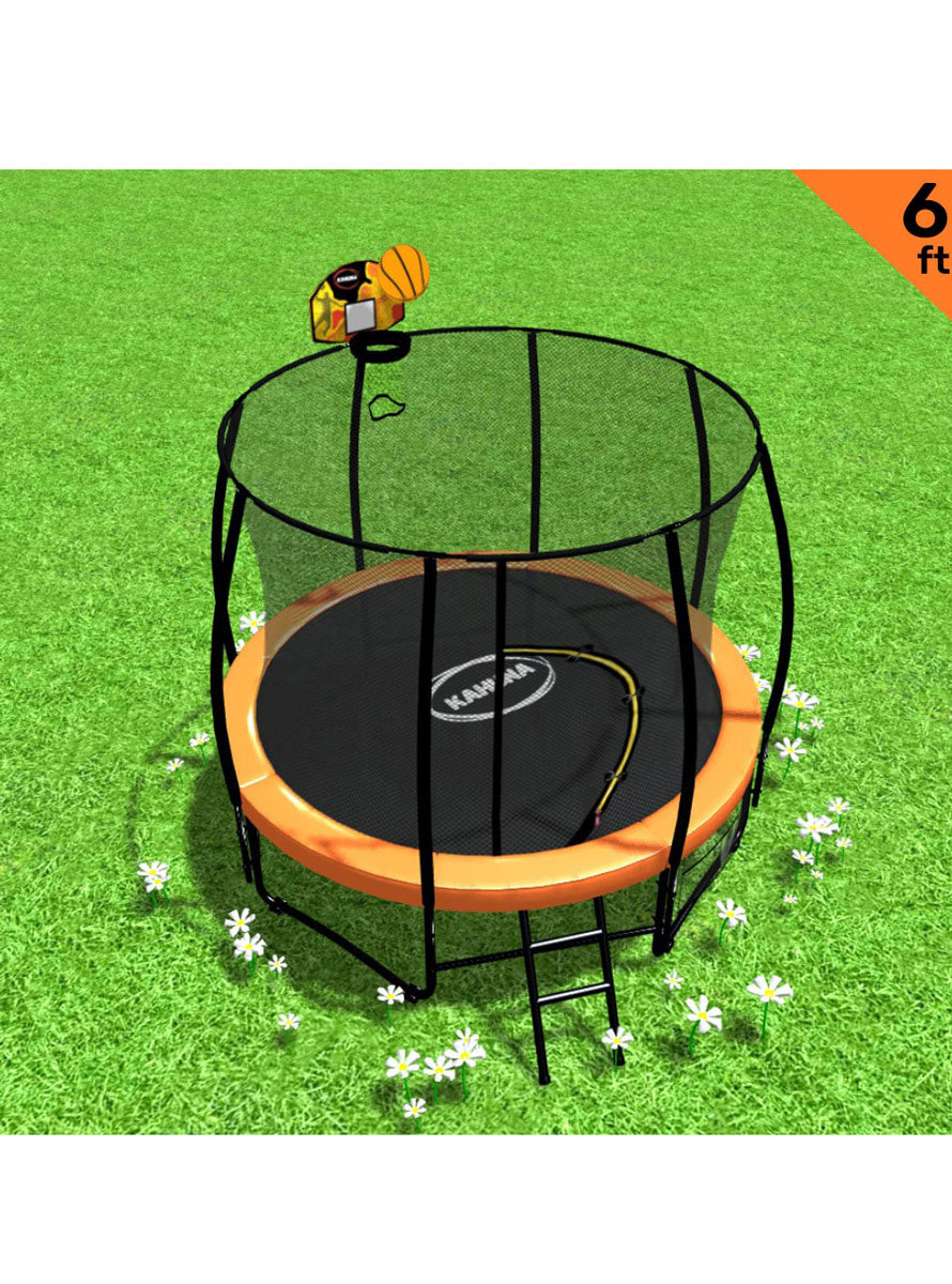Kahuna classic 6ft round trampoline with orange padding, basketball hoop and safety net - info image 1