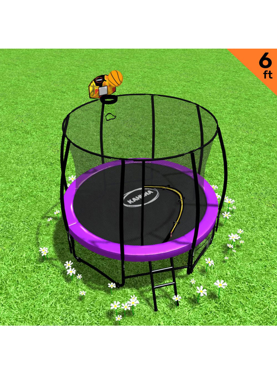 Kahuna classic 6ft round trampoline with purple padding, basketball hoop and safety net - info image 1