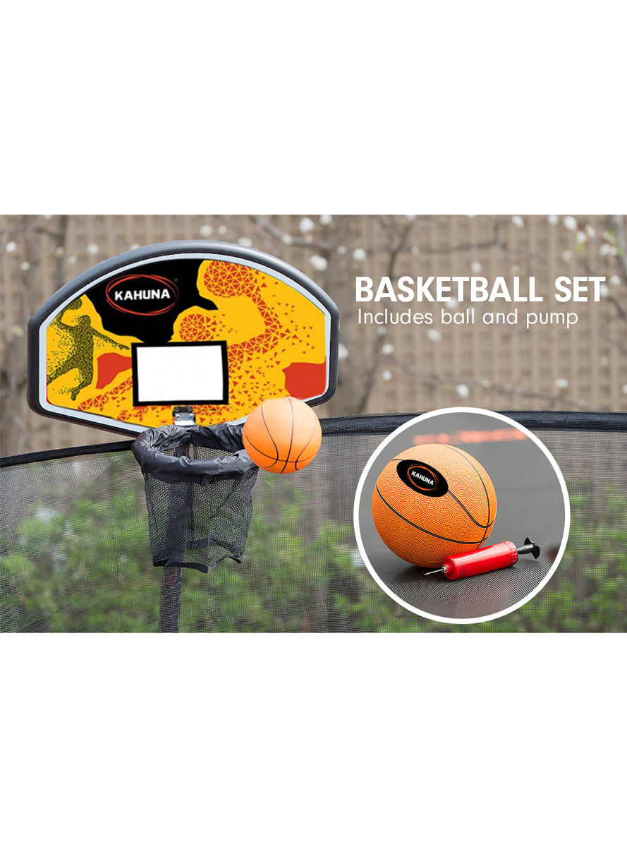 Kahuna classic 6ft round trampoline with purple padding, basketball hoop and safety net - info image 3