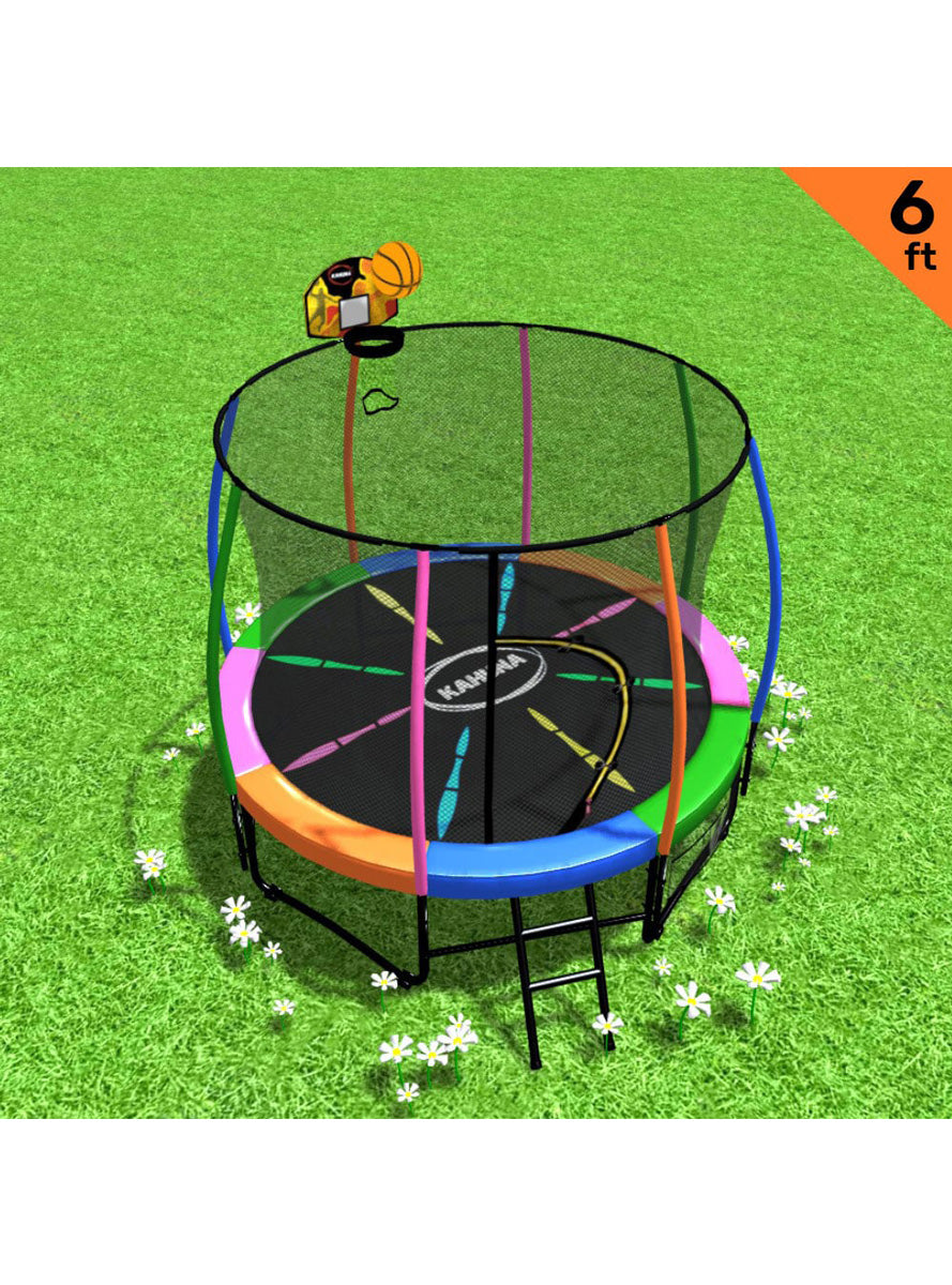 Kahuna classic 6ft round trampoline with rainbow padding, basketball hoop and safety net - info image 1