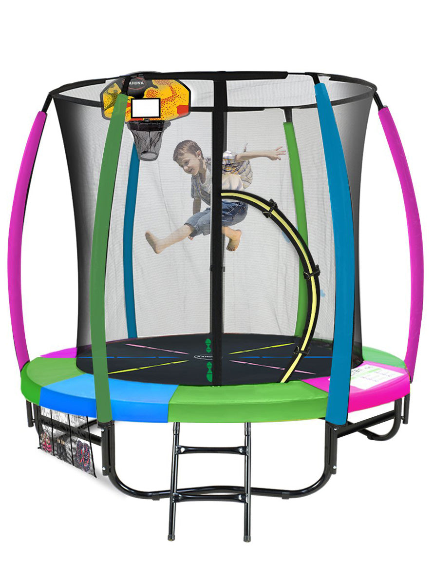 Kahuna classic 6ft round trampoline with rainbow padding, basketball hoop and safety net - info image 3