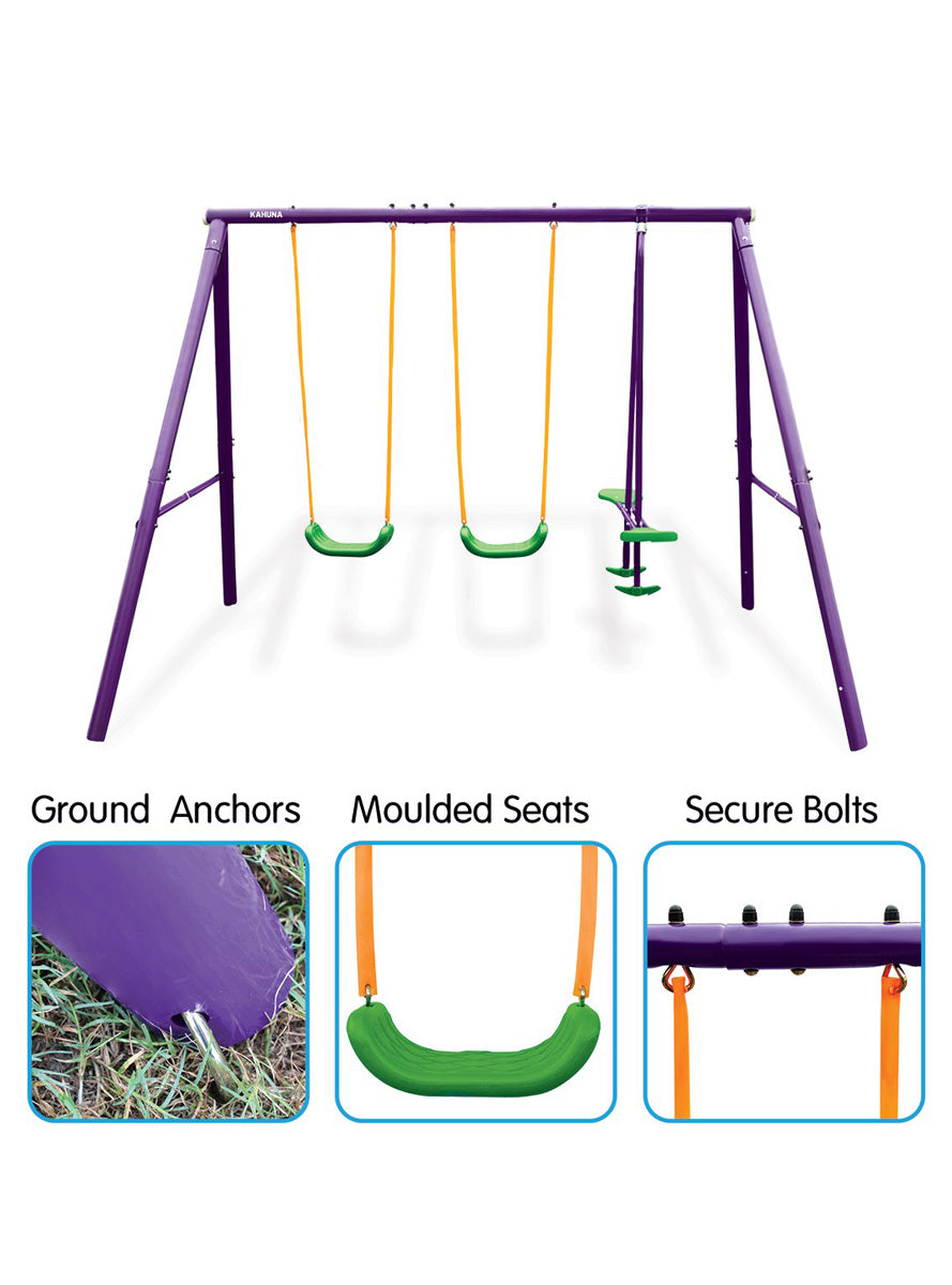Kahuna kids 4 seater swing set in purple and green - info image 1