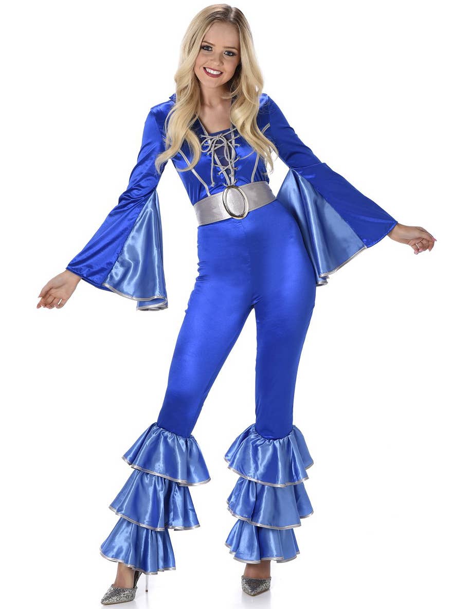 Flared Metallic Blue 1970's Eurovision ABBA Style Women's Costume Jumpsuit 
