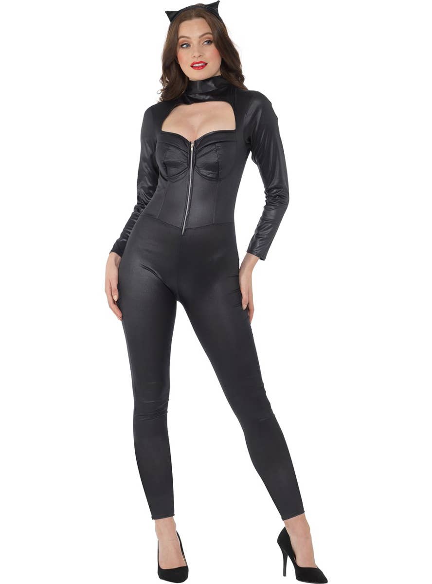 Sexy Black Wet Look Catwoman Catsuit Costume for Women - Main Image