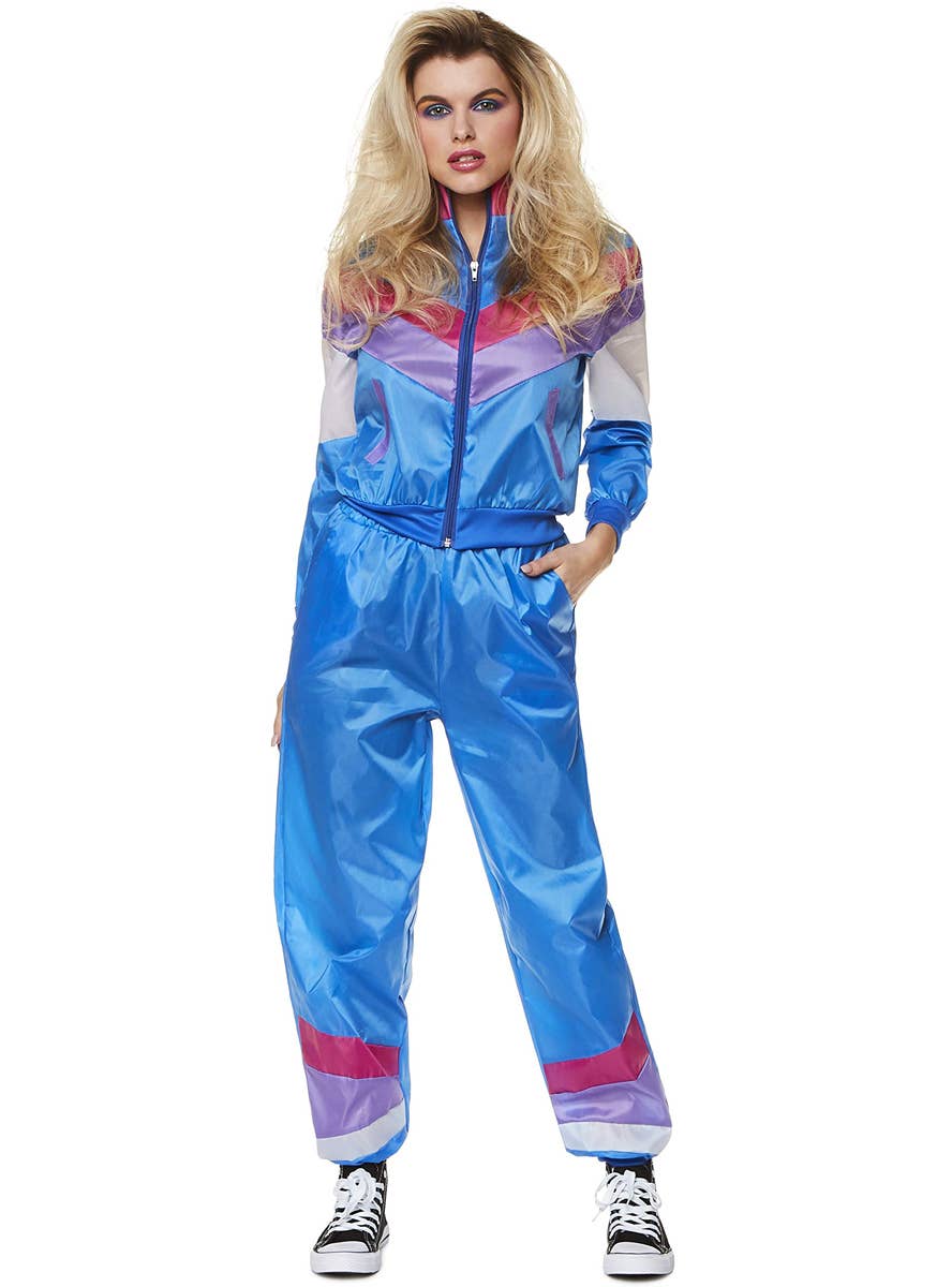 1980's Blue Shell Suit Fancy Dress Costume for Women - Front Image