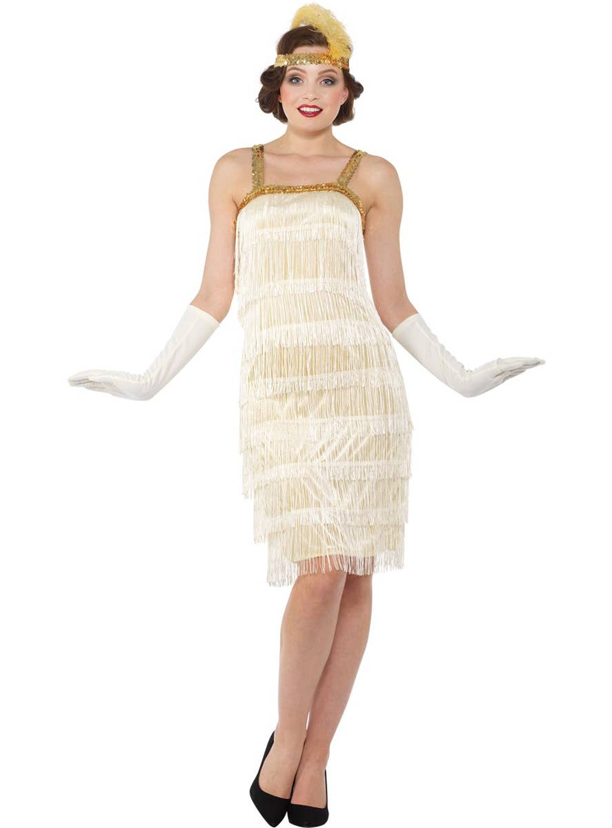 Golden Ivory Fringed 1920's Women's Flapper Costume - Main Image