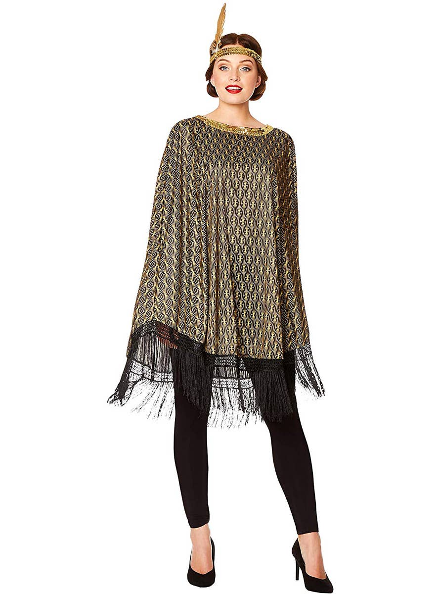 1920s Black and Gold Poncho with Matching Headband Womens Great Gatsby Costume - Main Image