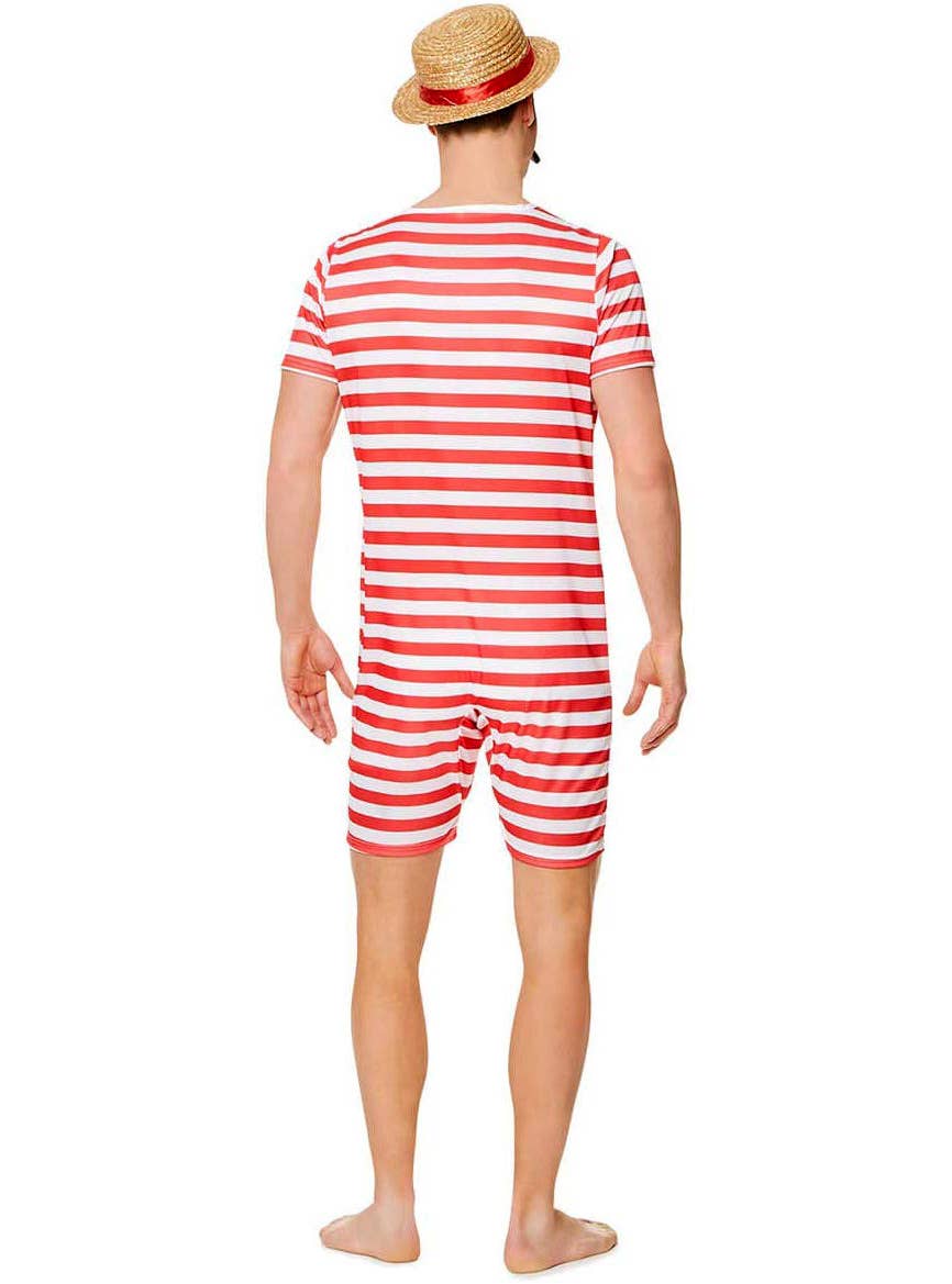 Mens Novelty Old Time White and Red Stripe Swim Suit Costume - Back Image