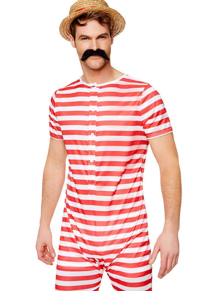 Mens Novelty Old Time White and Red Stripe Swim Suit Costume - Close Image