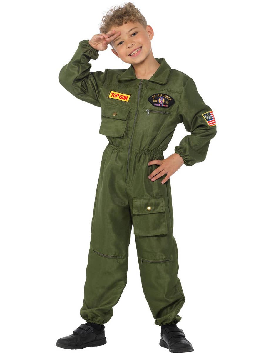 Green Top Gun Inspired Boy's Aviator Jumpsuit Costume - Front Image