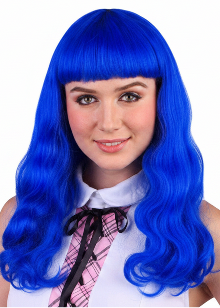 Womens Blue Curly Katy Costume Wig With Fringe - Main Image
