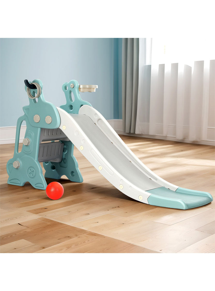 Keezi Kids 140cm Blue And Grey Plastic Slide With Basketball Hoop - Lifestyle Image